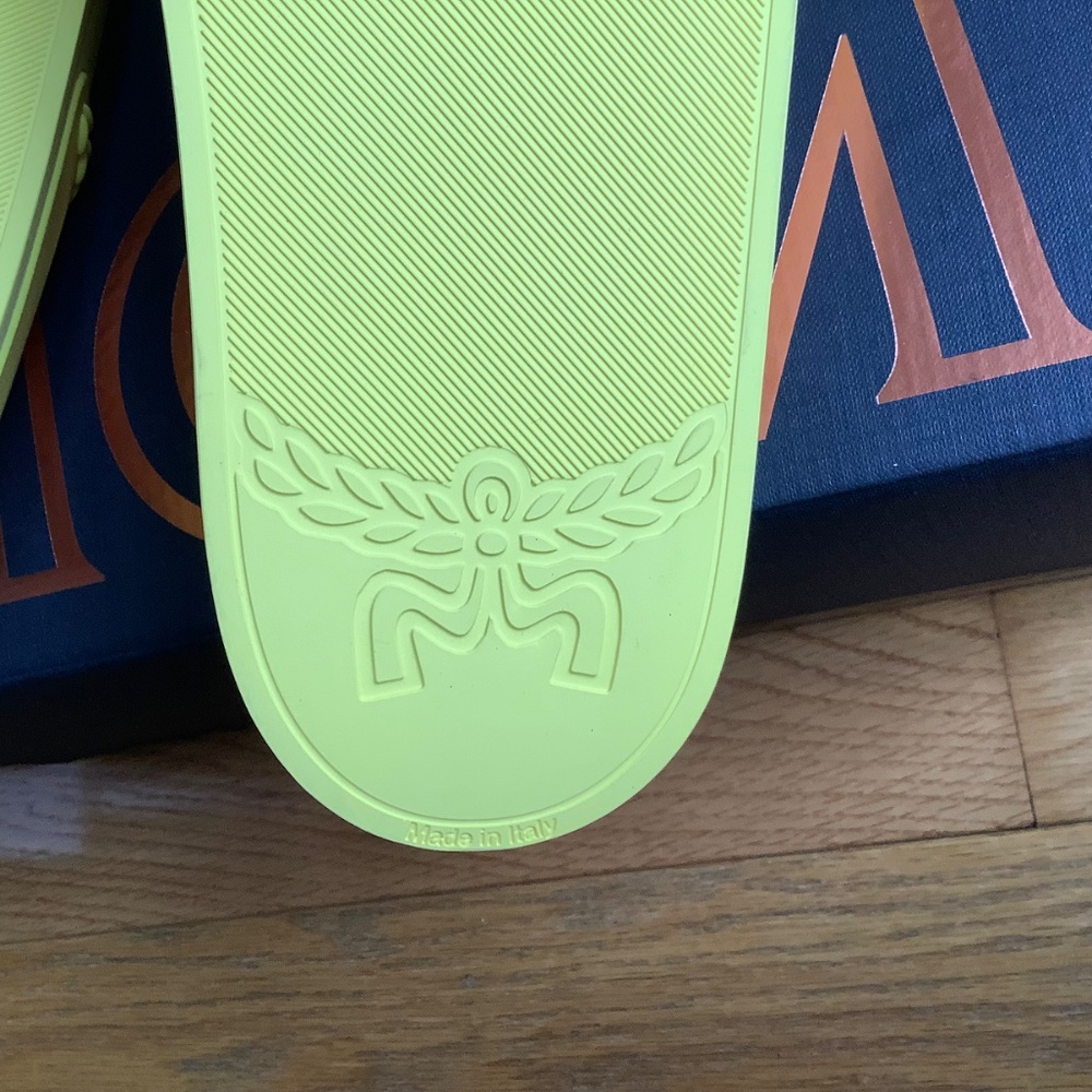 MCM Logo Slide Sandals Yellow SZ12 - Picture 11 of 16